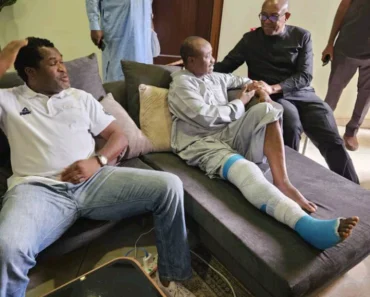Photos Of Obi Visiting Tijani Babangida After He Broke His Leg In A Fatal Accident Surface Online