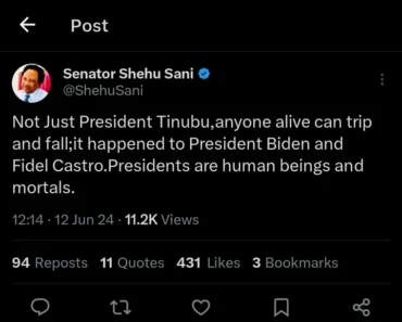 Sen Sani Reacts As President Tinubu Trips, Falls, and Hits Head On Parade Vehicle